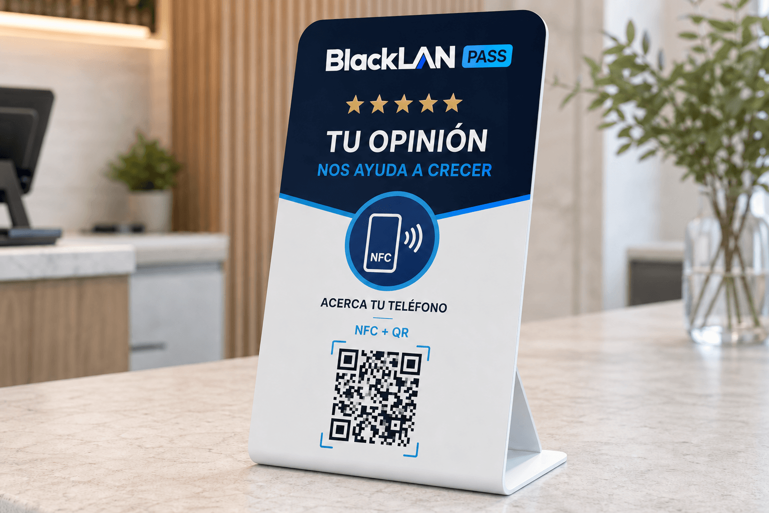 Stand BlackLAN Pass para reseñas de Google con NFC y QR